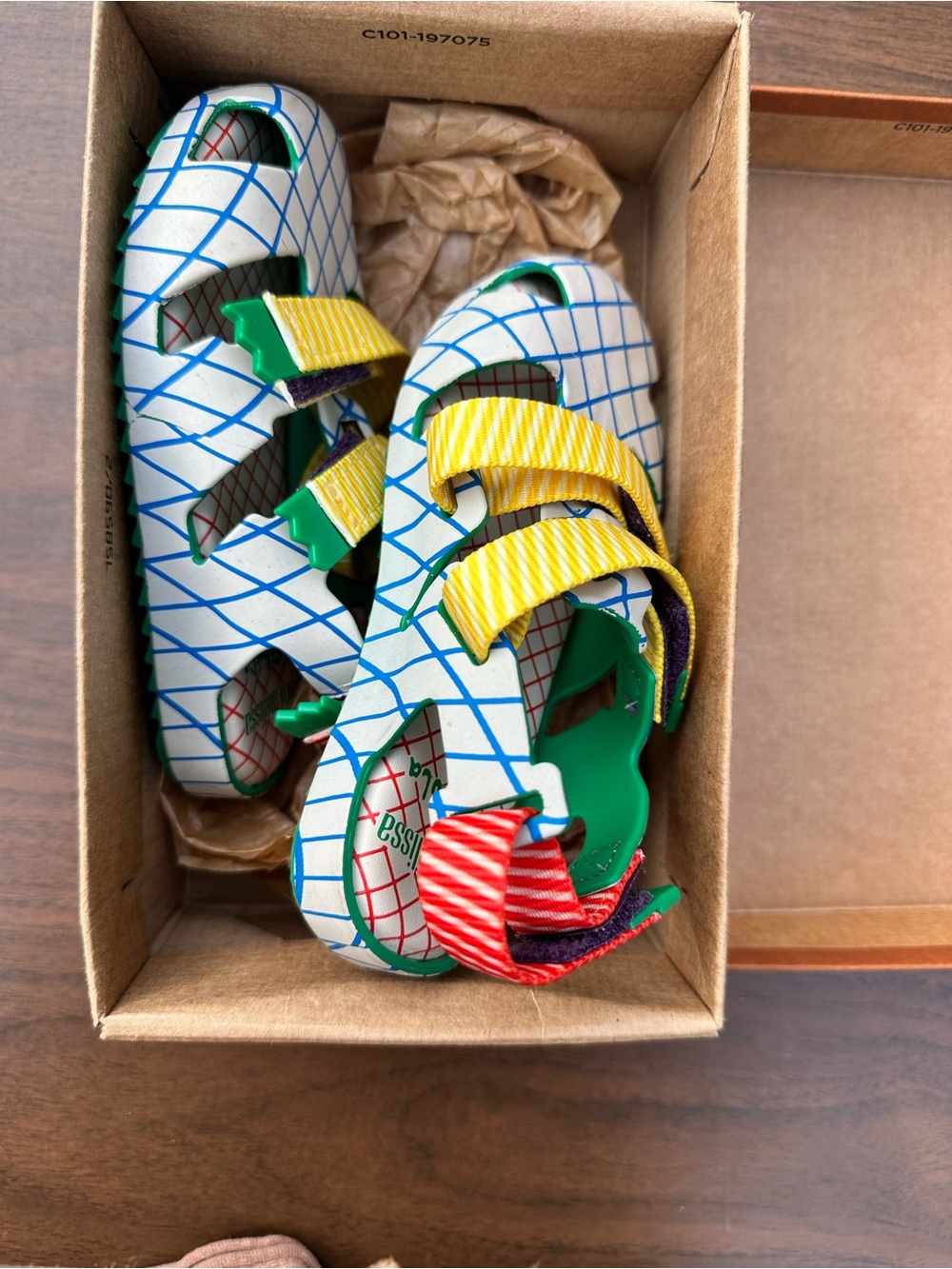Mini Melissa White Grid Sandals with Yellow, Green & Red Accents